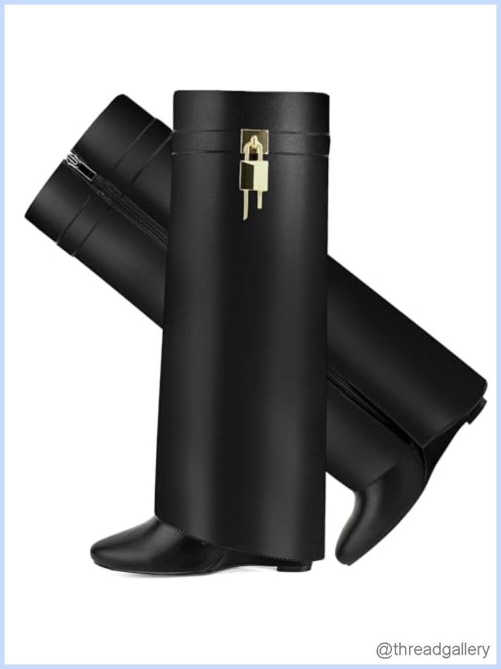 Faux Leather Fold Over Knee High Wedge Boots Side Zipper